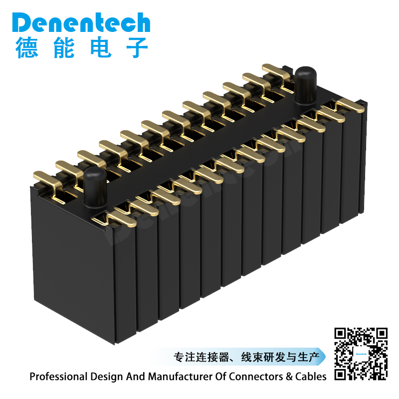 Denentech 工厂直供1.27MM*2.54mm 排母H5.7双排180度SMT 双排贴片排母 立贴排母带定位柱 黄铜镀金
